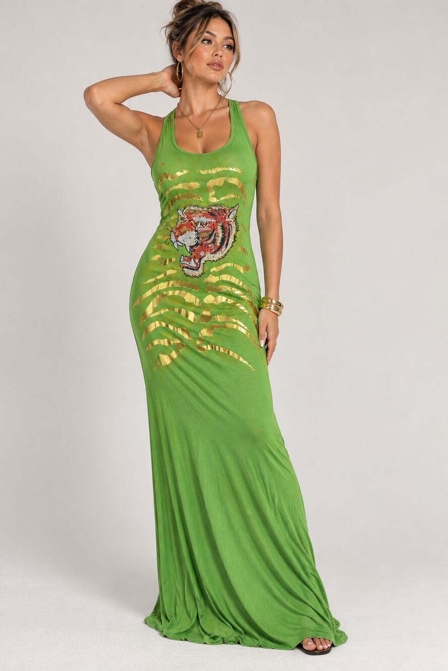 S-Twelve Green Tiger Rhinestone Maxi Dress Gold Foil Zebra Y2K McBling